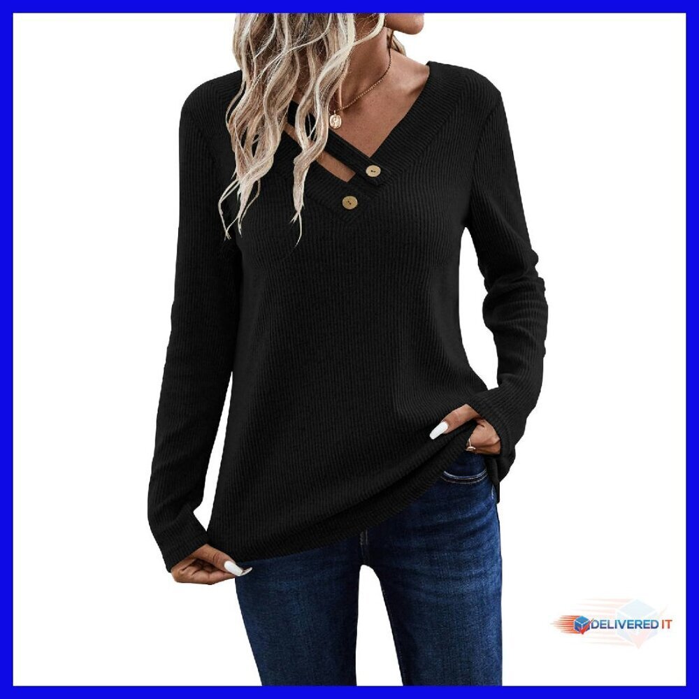 Long Sleeve V-Neck Ribbed Knit Top, Women's Casual Work Shirt